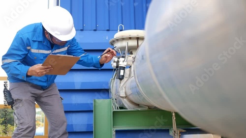 An engineer inspects a control valve installed on a chemical liquid transport pipe in an industrial plant, ensuring operational safety, precision, and efficiency in process control systems.