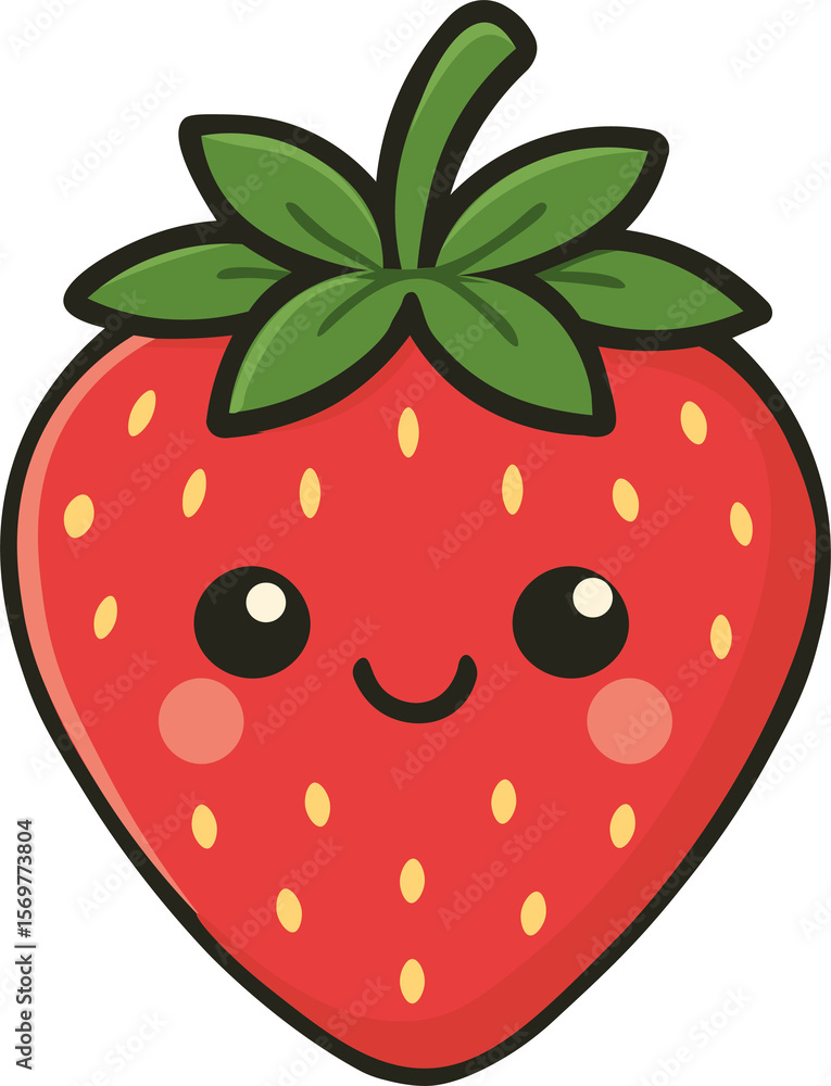 Obraz premium Cute kawaii strawberry with smiling face, big eyes, and green leaves. Adorable cartoon fruit illustration perfect for kids, stickers, or summer-themed designs.