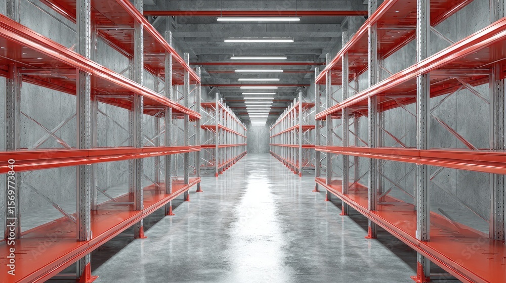 Fototapeta premium Empty aisle inside warehouse with fluorescent ceiling lights and clean shelves