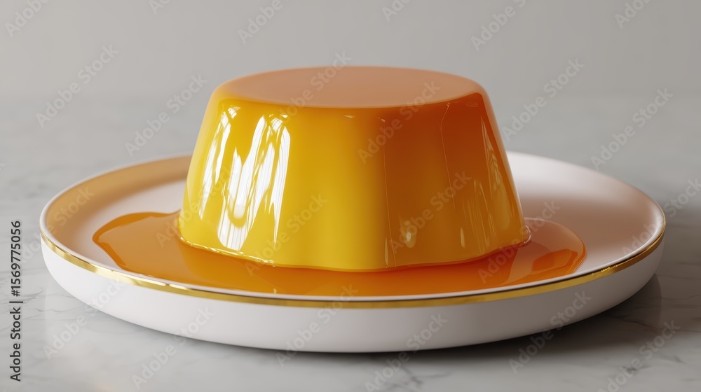 Fototapeta premium Bright orange jelly dessert on a white plate with golden rim, showcasing glossy texture and appealing appearance, ideal for food photography