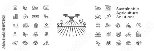 Agriculture Solutions Icon Set with a Drone Over a Farm Field, Linear Style