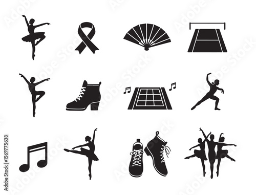 Dance Performance Vector Icon Set Featuring Ballet and Music Silhouettes in Black silhouette illustration Style