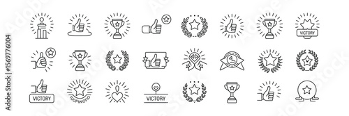 Collection of Black Line Iconography, Celebrating Success with Awards, Stars, and Laurels
