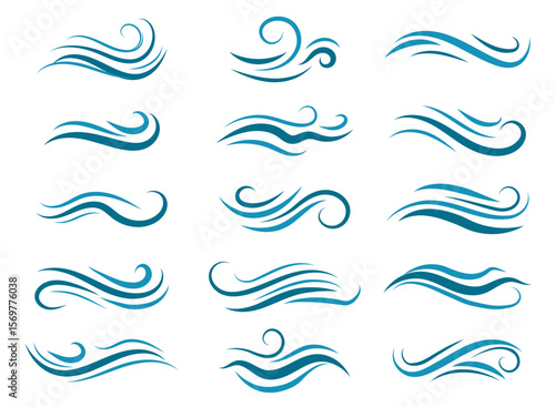 abstract wave designs, flowing, curved blue lines on a white background, creating a sense of motion and fluidity, representing water or air currents.