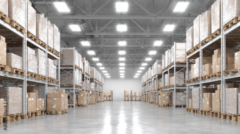 Naklejka premium Minimalist warehouse interior with bright LED lighting and clean aisle layout