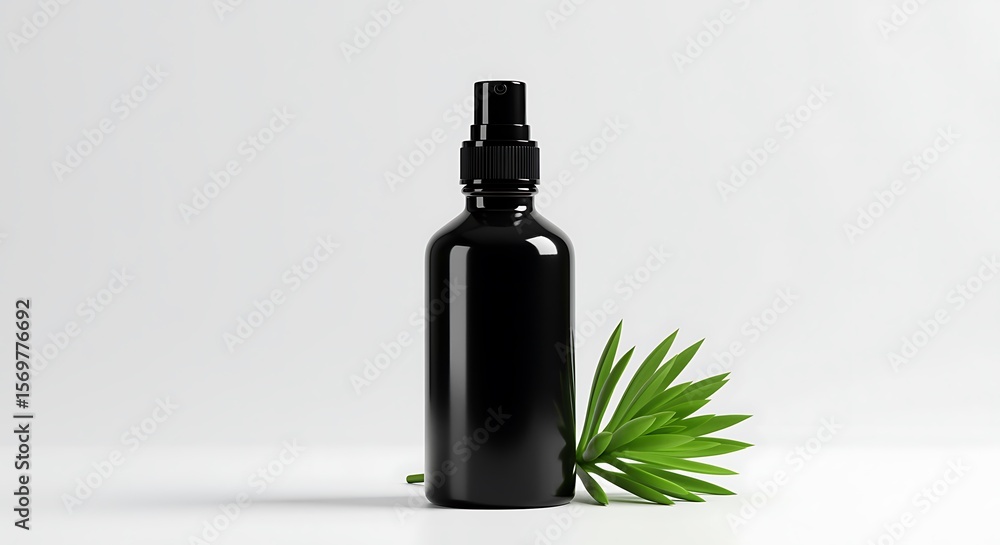 Elegant Black Spray Bottle Mockup with Green Leaf Elegant Black Spray Bottle Mockup with Green Leaf