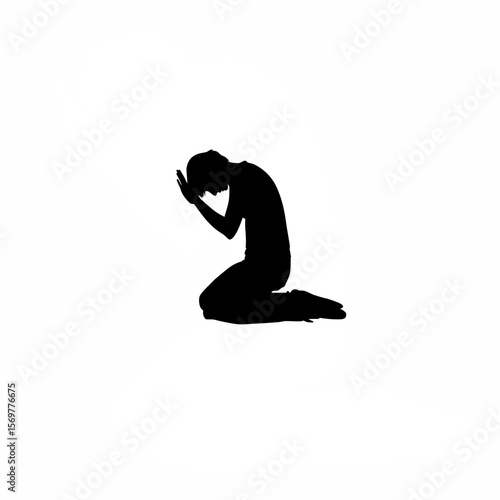 Silhouette of person kneeling in emotional pain on white background