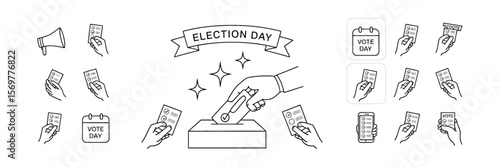Election Day Doodle Set with Ballot Box, Calendar, Megaphone on Transparent Background