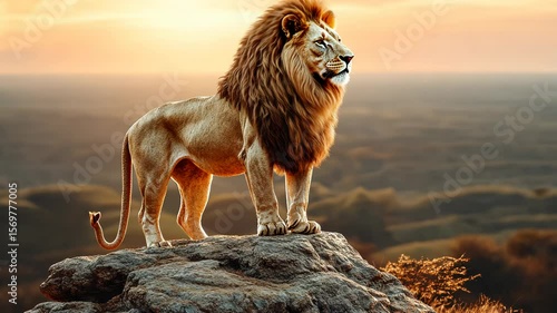 Majestic lion atop a rocky outcrop at sunset