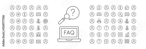 FAQ on Laptop Outline Icon Set with Question Mark in Speech Bubble on White
