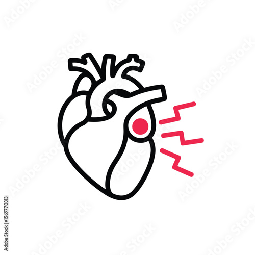 Stylized human heart with red dot and jagged lines indicating pain or arrhythmia