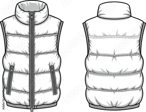 Puffer vest technical fashion flat sketch, front and back view, sleeveless jacket CAD vector drawing, winter apparel design illustration