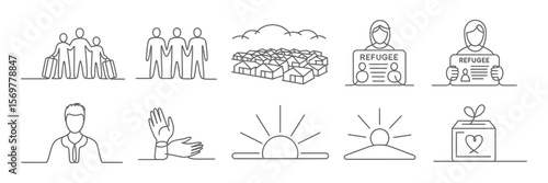 Linear Refugees Icons Set People with Luggage, Refugee Camp, Refugee, and Donation Box