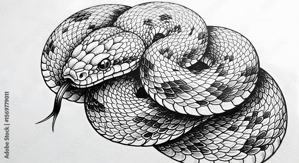 Obraz premium Striking Black and White Snake Illustration A Detailed Wildlife Study with Intricate Scale Patterns and Piercing Gaze