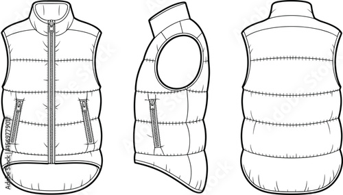 CAD drawing flat vector illustration of quilted sleeveless puffer vest jacket front side back technical fashion design