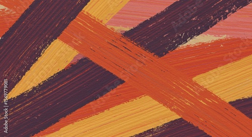 Abstract painting with intersecting brushstrokes in warm orange, yellow, and plum hues