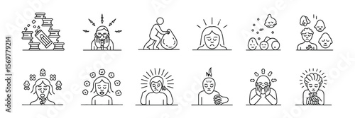 Mental Health Problems Line Art, Stress, Anxiety, Depression, Emotions, And Moods