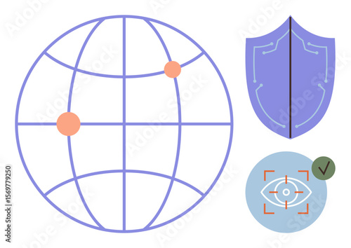 Globe with two points, shield symbolizing cybersecurity, and eye in focus outline of surveillance. Ideal for cybersecurity, global connectivity, internet, data privacy, defense, online safety