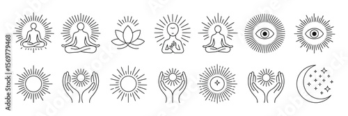 Mystical Line Art Set Meditating Figures, Lotus, Eye, Sun, Moon and Hands