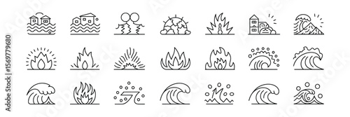 Natural disaster Line Icons Set, Earthquake, Tsunami, Fire, Flood, Line Drawing