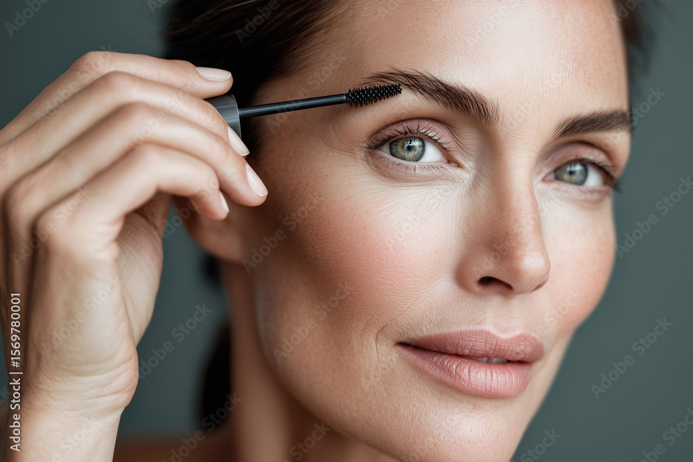 A precise beauty shot captures a model applying eyebrow mascara, highlighting defined brows and bright eyes. The image emphasizes meticulous makeup application and natural, enhanced features.
A precise beauty shot captures a model applying eyebrow mascara, highlighting defined brows and bright eyes. The image emphasizes meticulous makeup application and natural, enhanced features.