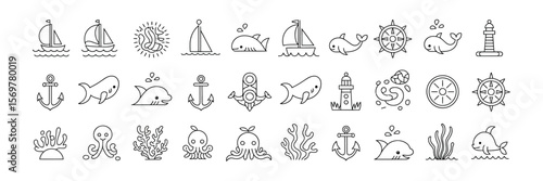 Nautical Outline Icons Set Ships, Whale, Anchors, Seaweed, Octopus, Lighthouse