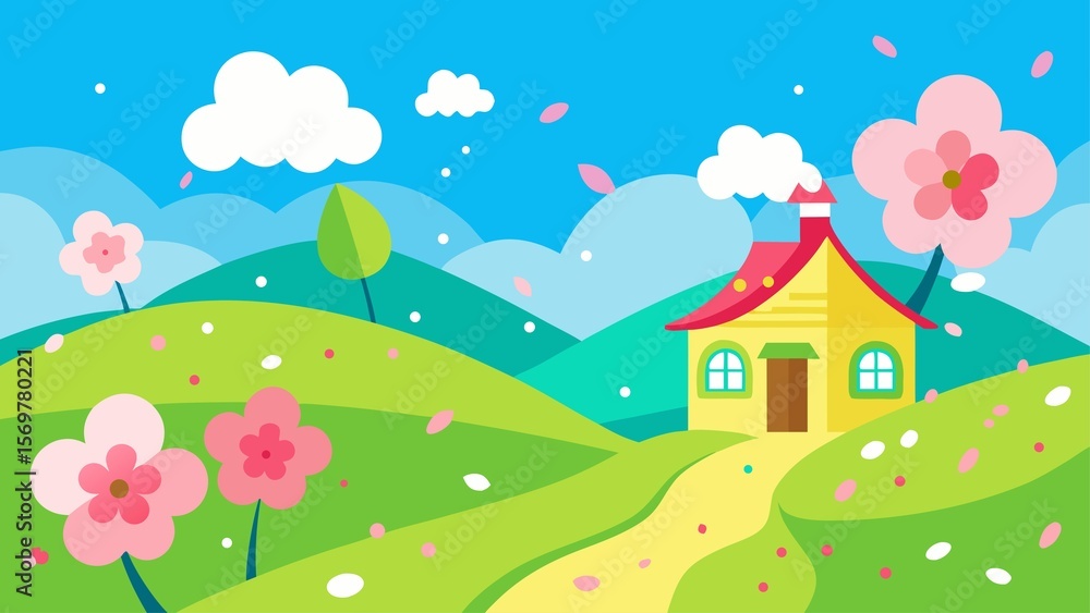 Naklejka premium A charming yellow cottage sits on a green hill surrounded by blooming pink flowers and falling petals under a bright blue sky