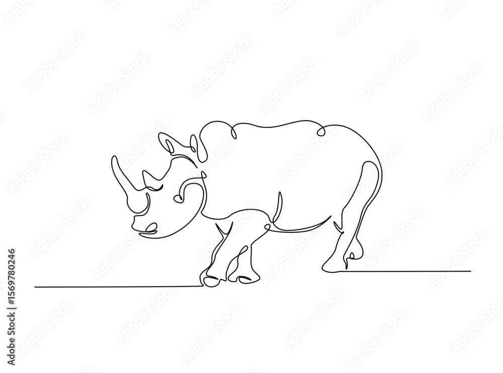 Obraz premium Wild rhinoceros in single outline illustration. Continuous line art drawing of rhino animal.