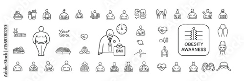 Obesity Awareness Line Icon Set, Body Mass Index, Clock, Unhealthy Food, Heartbeat
