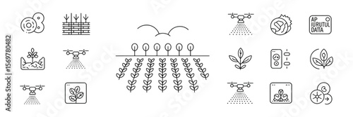 Outline Farm Icons Set. Agriculture Crop, Sprayer Drone and Plants on Transparent