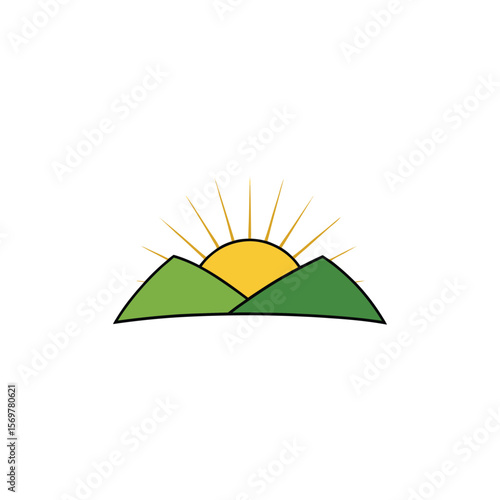 A simple illustration of a sun rising over green hills