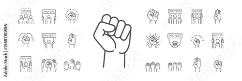 Outline Protest Icon Set With Raised Fists Holding Protest Signs On Transparent BG