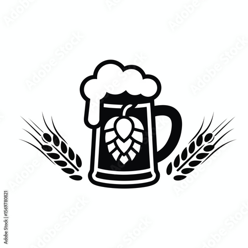 Black and white icon of a beer mug with hop and wheat elements
