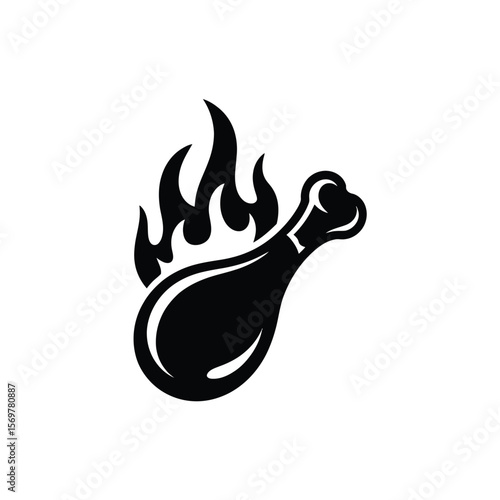 Black silhouette of a hot chicken leg drumstick with flames