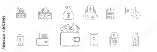 Outline set featuring money stacks, bag, wallet, card, and phone on white background