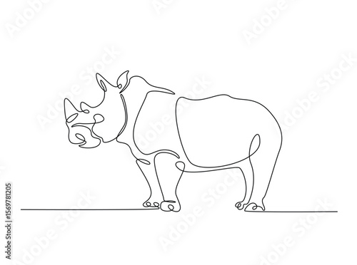 Wild rhinoceros in single outline illustration. Continuous line art drawing of rhino animal.