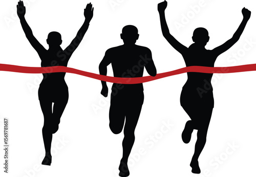 Three Silhouettes of Runners Crossing a Red Finish Line Arms Raised in Victory Celebrating a Race Competition