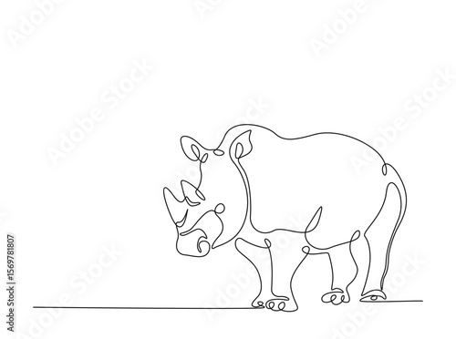 Wild rhinoceros in single outline illustration. Continuous line art drawing of rhino animal.