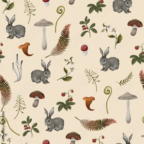Vector autumn seamless wood pattern with rabbits, mushrooms and flowers