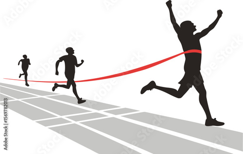 Three Runners Silhouette Race Track Finish Line Red Ribbon Victory Celebration Athletic Competition Sport Event