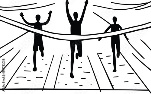 Three Runners Crossing Finish Line Black and White Sketch Style Athletic Competition Victory Celebration Race Track