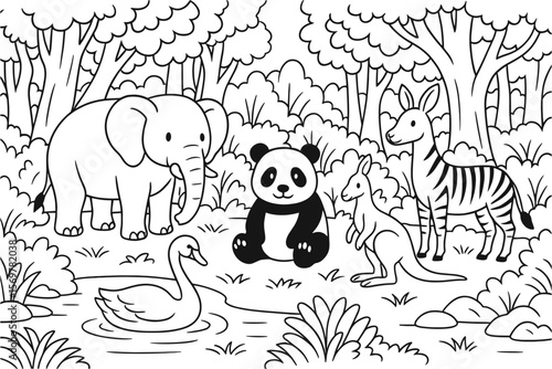 Cartoon animals in a forest scene