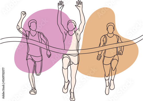 Three Runners Crossing Finish Line Abstract Line Art Illustration Beige Pink Background Athletic Competition