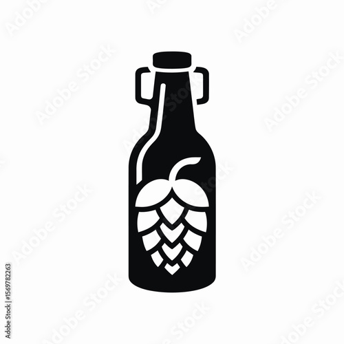 Black silhouette of a beer bottle with a hop cone graphic