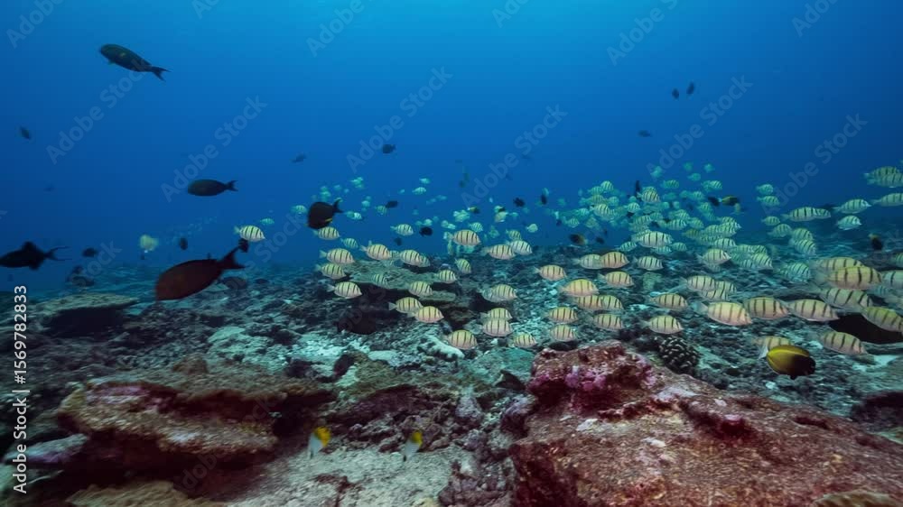 A school of Convict tangs swim fast over a deep coral reef of Nikumaroro Atoll in the Phoenix Islands of Kiribati A school of Convict tangs swim fast over a deep coral reef of Nikumaroro Atoll in the Phoenix Islands of Kiribati