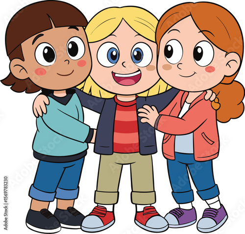 Three happy cartoon friends hugging, smiling brightly, wearing colorful casual clothes.