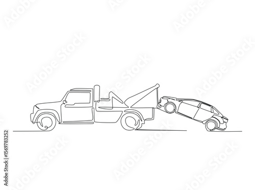 Towed car service in single outline illustration. Continuous line art drawing of evacuation car with tow truck.