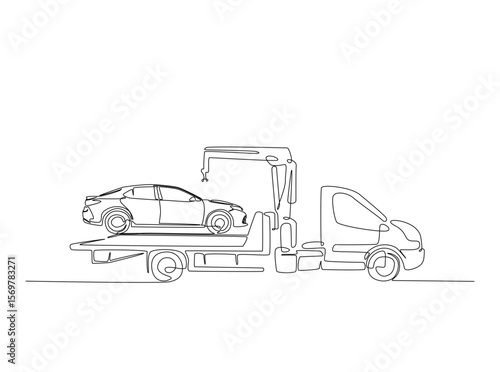 Towed car service in single outline illustration. Continuous line art drawing of evacuation car with tow truck.