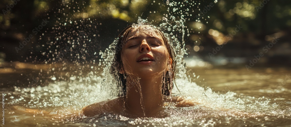 Fototapeta premium Woman in a natural pool, splashing water on her face