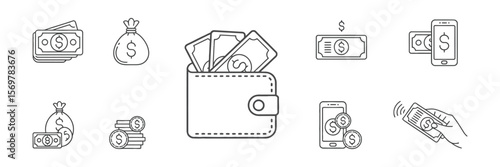 Wallet, Money, Coins, Currency and Hand Holding Cash Payment Line Icons Set on White